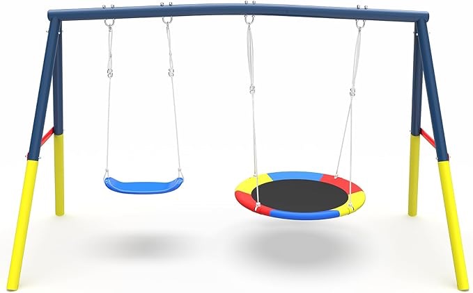 Swing Set for Backyard with Stand, Swing Heavy Duty 440lbs Metal Outdoor Swings Stand, Contain 1 Saucer 32" & 1 Belt seat 26.2" for Playground, Safety Backyard Playset