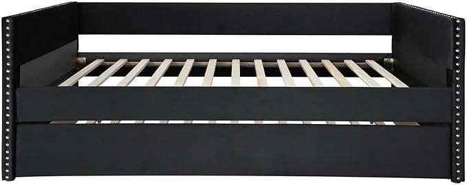 Benjara Bed Trace Trundle Daybed, Black Fabric Upholstery, Chesterfield, Nailhead Trim