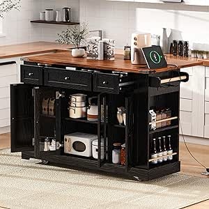 53'' Farmhouse Kitchen Island with Two Tempered Glass Cabinet Doors, Power Outlet, Rolling Kitchen Cart on Wheels with Drop Leaf, 5 Open Side Racks, 3 Drawers, for Kitchen, Dining Room (White )