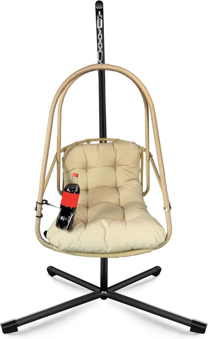 Swing Egg Chair with Stand: Modern Rattan Wicker Hanging Chair - Foldable Patio Seating with Cushions & Cup Holder - Indoor/Outdoor Use for Adults & Kids