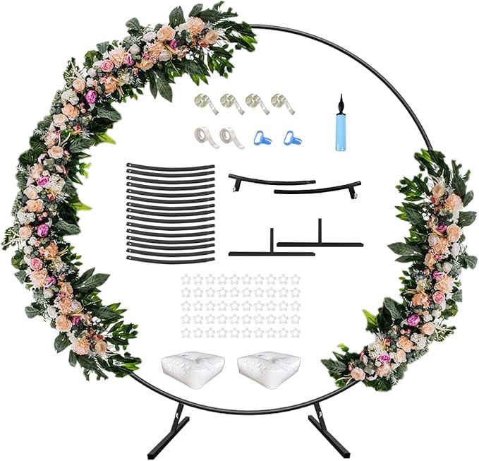 ft round wedding arch stand with metal base for flower balloon decoration, circle backdrop stand frame for ceremony, birthday party, baby shower, black