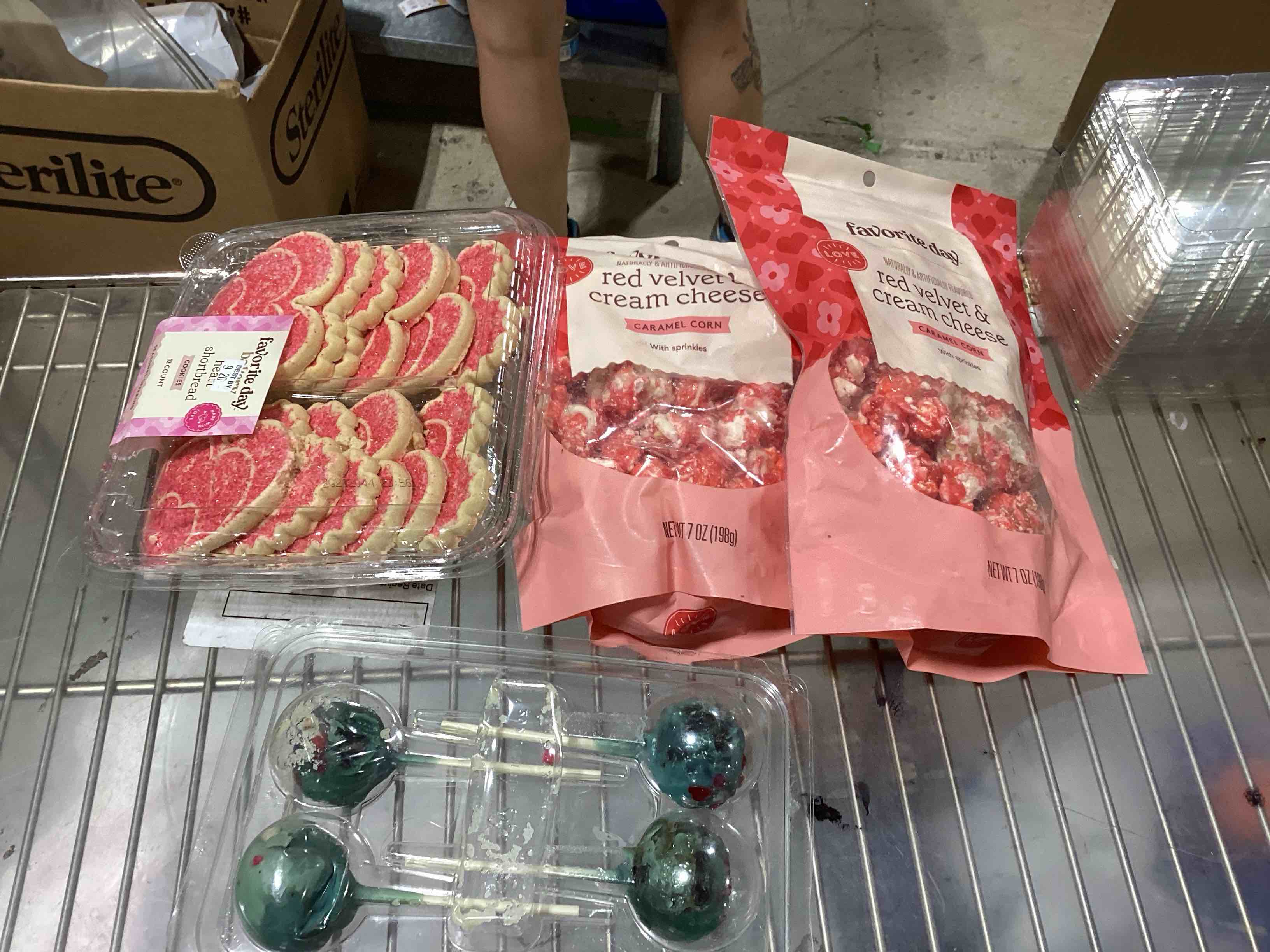  Assorted items . Cookies . Caramel corn . 