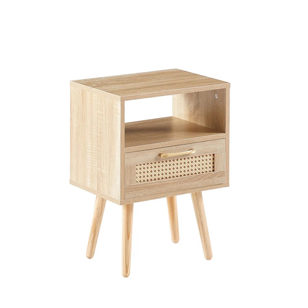 Rattan End Table with Drawer and Solid Wood Legs, Modern Nightstand, Side Table for Living Room, Bedroom, Natural