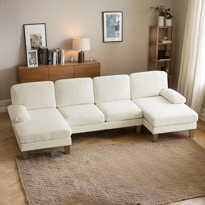 Karl home U-Shape Sectional Sofa Couch  Modern 4-Seat Sofa with Chaises Chenille Fabric Upholstered Covertible Couch with Wood Grain Legs for Living Room, Reception Room, Apartment, Beige