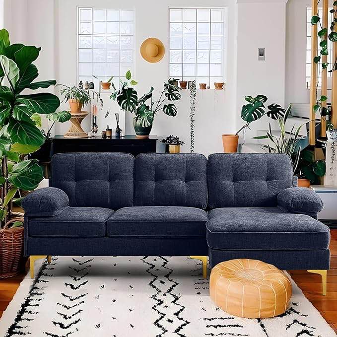  Chenille L Shaped Sectional Couches for Living Room,  Seater Comfy Modular Sofa with Chaise for Small Spaces,Mid Century Modern,Deep Seat,Navy Blue