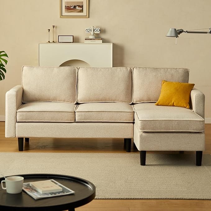 Cpintltr L-Shaped Couch,  Seat Linen Futon Sofa Bed, Convertible Sleeper Sofa with Conical Wooden Legs, Mid Century Modern Couches for Bedroom (Beige)