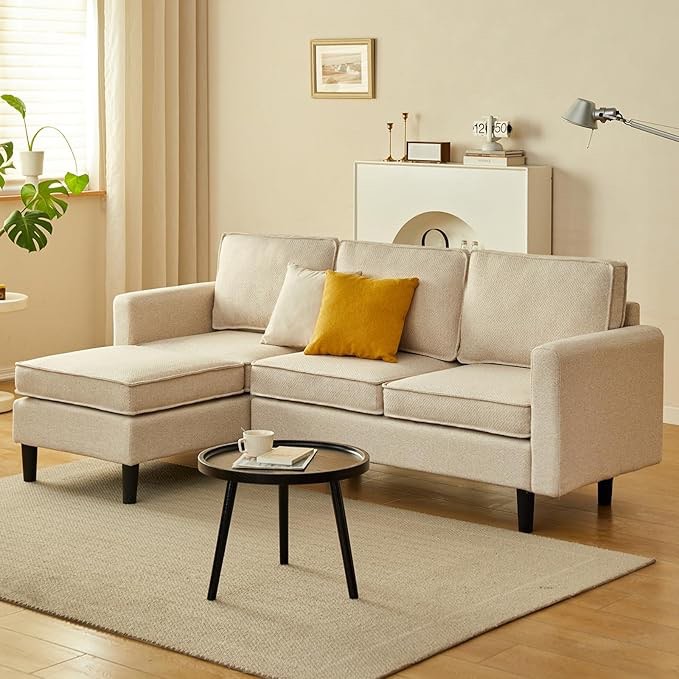 Cpintltr L-Shaped Couch,  Seat Linen Futon Sofa Bed, Convertible Sleeper Sofa with Conical Wooden Legs, Mid Century Modern Couches for Bedroom (Beige)