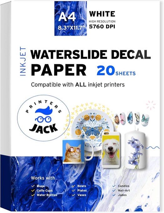Printers Jack Water Slide Decal Paper Inkjet WHITE 20 Sheets   Premium Water-Slide Transfer Paper Printable Water Slide Decals for Tumblers, Mugs, Glasses DIY