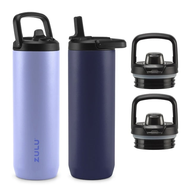 zulu base stainless steel water bottle with lids., 2 pack 24oz each, includes 2 extra lids (choose color)