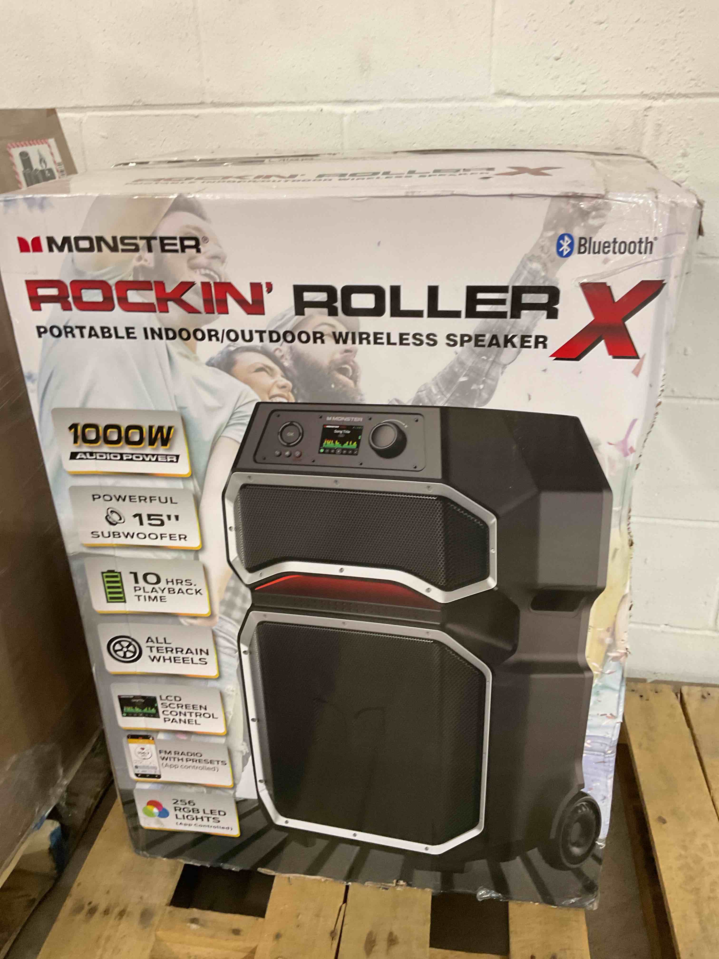 monster rockin' roller x indoor/outdoor portable bluetooth speaker | powerful 1000w, 15” subwoofer | all terrain wheels, weather resistant, dual mic & guitar inputs, tws pairing, app control