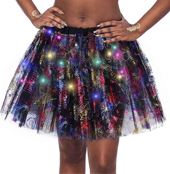 DRESBE Women's LED Tutu Black Light Up Skirts Elastic Tulle Tutu Skirts Halloween Cosplay Party Costume (Colorful Spiderweb