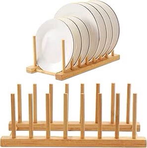Kinsinder 2 Pack Plate Rack Bamboo Drainer Rack Wood Dish Storage Tray Rack Drainer Plate Stand Suitable for Storage CD Tableware Book Wine Glass