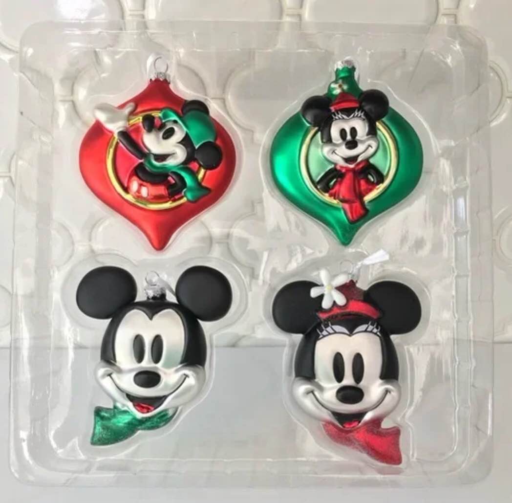 Hallmark Mickey Mouse Glass Holiday Christmas Tree Ornaments Set Of 4 NEW