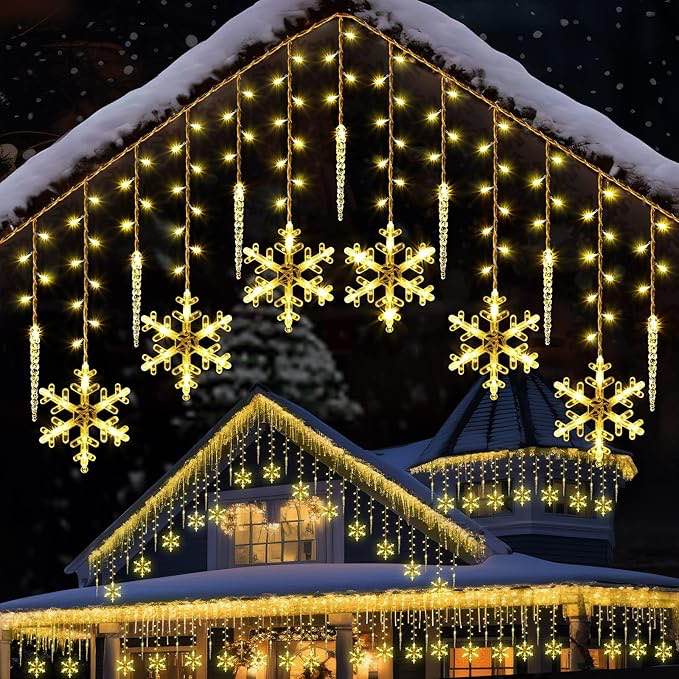 Enhon Christmas Snowflake Icicle String Light Outdoor, 11.5FT 175 LED Large Hanging Snowflake Icicle Window Curtain Fairy Outdoor Light with 8 Lighting Modes for Christmas Decoration (Bethlehem Star)