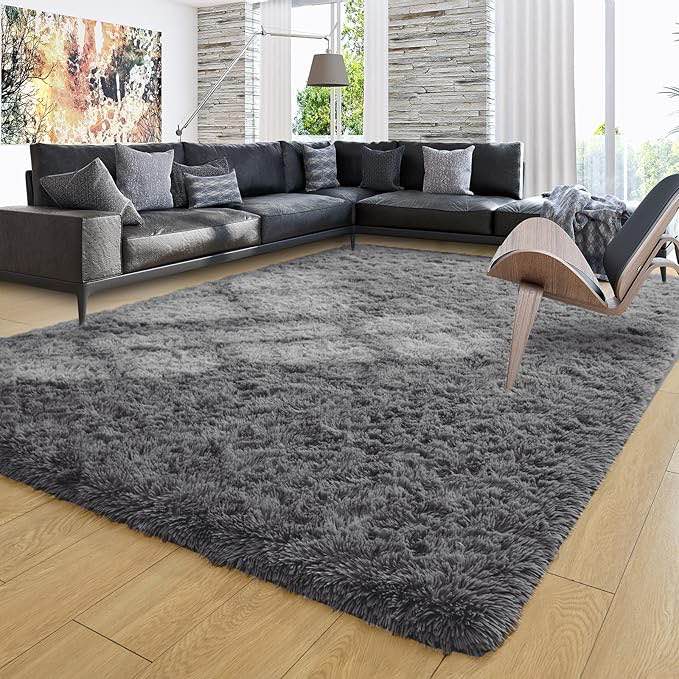 Ompaa Alfombras de rea de 9 x 12 pulgadas, color gris oscuro, esponjosas, grandes, para sala de estar, dormitorio, dormitorio, antideslizante, de pelo alto, gris oscuro, alfombra moderna de pelo