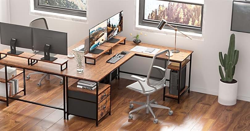 Furologee Computer Desk with Charging Station and LED Lights, 55" Office Gaming Desk with Adjustable Shelves and Fabric Drawer, Study Table with Monitor Stand and Hooks, Rustic Brown Rustic Brown 55IN