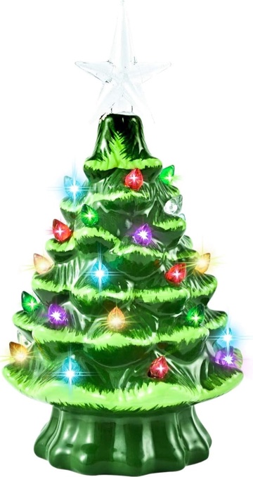 GIVERARE Ceramic Christmas Tree with 6H Timer, 8” Pre-Lit Hand-Painted Tabletop Xmas Decor with 32 Multicolored Lights&Top Star, Retro Centerpiece for Holiday, Party Supplies, Decoration