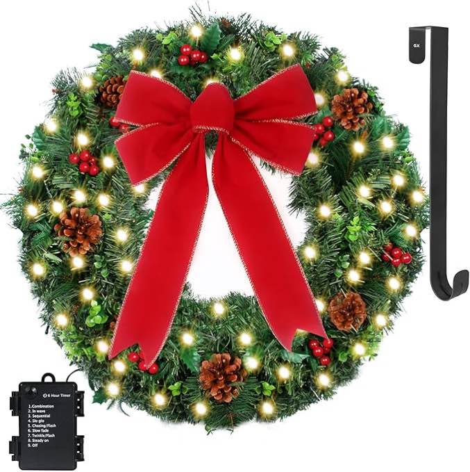 Christmas Wreath with Lights Door Wreath - 24 Inch Pre-Lit Outdoor Wreath Battery Operated 50 White Lights Holiday Xmas Christmas Decoration DiliComing