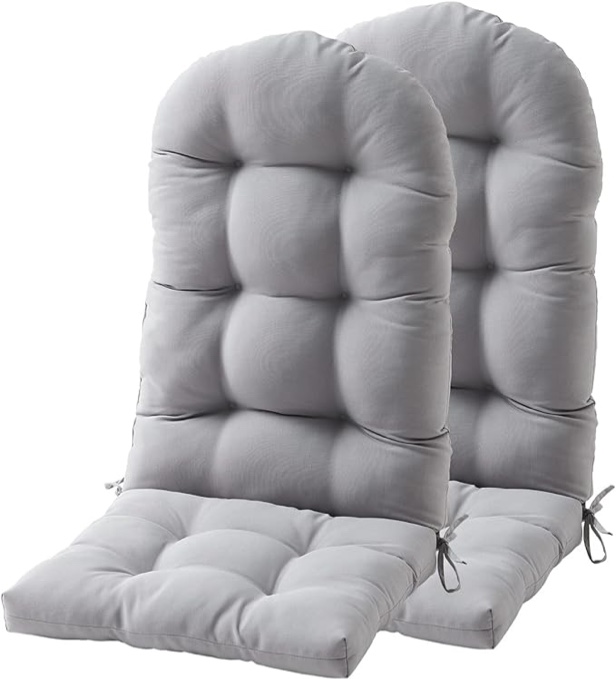 FILUXE Adirondack & Rocking Chair Cushion, High Back Patio Cushions - Waterproof Solid Tufted Pillow, Indoor/Outdoor Pads with Ties, Fade-Resistant & Seasonal All Weather Replacement (Gray, 2)