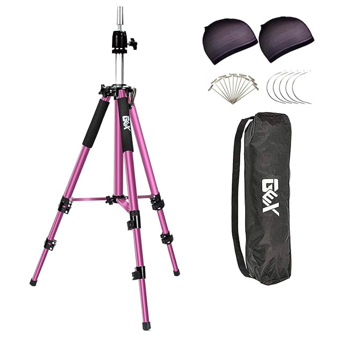 gexworldwide GEX 63" Heavy Duty Mannequin Tripod Stand for Wig Cosmetology Training Practice Doll Manikin Head Tripod Wig Stand With Travel Bag (Rosy)