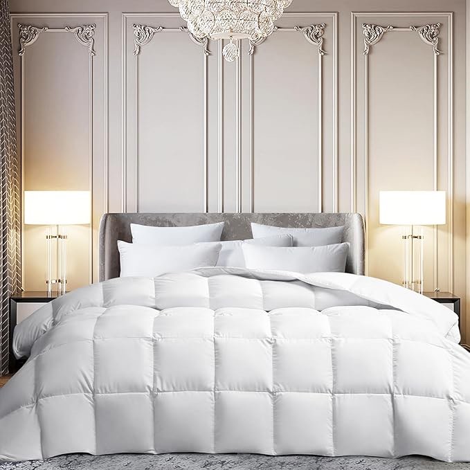 MARTHA STEWART White Goose Feather Down Fiber Comforter - Lightweight Duvet Insert, Noiseless Fabric with 52oz Filled Luxury Cloud Fluffy Bed Comforter with Corner Loops