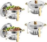 IMACONE Chafing Dish Buffet Set of 4, 5QT Round Stainless Steel Chafer for Catering, Upgraded Chafers and Buffet Warmer Sets w/Food & Water Pan, Lid, Gold Frame, Fuel Holder for Party Wedding Holiday