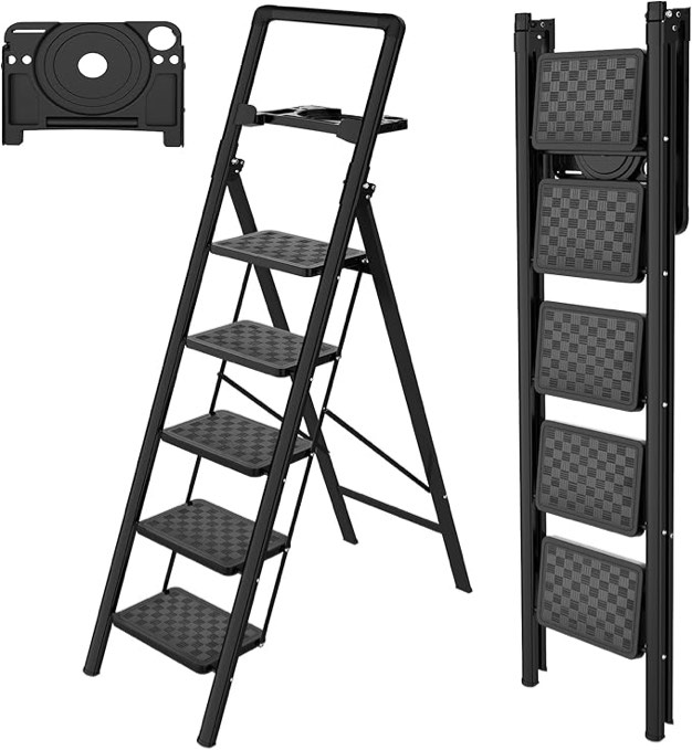 HBTower Step Ladder, Step Ladder Folding Step Stool, Portable Sturdy Steel Ladder Stool for Adults with Anti-Slip Wide Pedals Home Outdoor Kitchen, Black (this is my step ladder. I didn’t know my real ladder)
