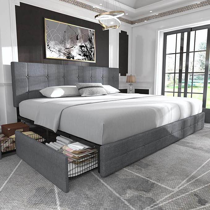 Allewie Upholstered King Size Platform Bed Frame with 4 Storage Drawers and Headboard, Square Stitched Button Tufted, Mattress Foundation with Wooden Slats Support, No Box Spring Needed, Light Grey