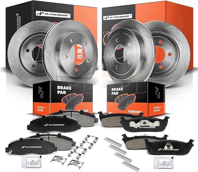 A-Premium Front Vented & Rear Solid Disc Brake Rotors + Ceramic Pads Kit Compatible with Select Ford Models - For F-150 2000 2001 2001 2003, 4WD, 12-PC Set