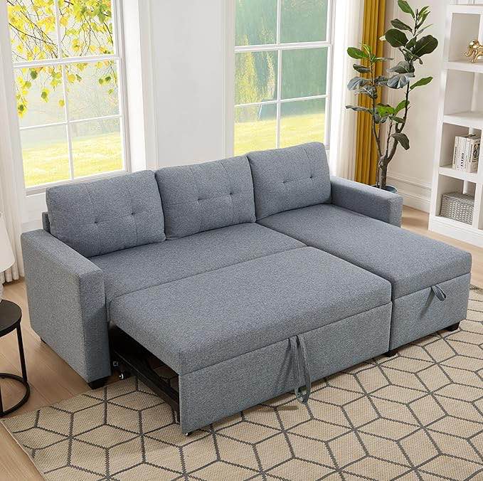 Upholstered Pull Out Sectional Sofa with Storage Chaise, Convertible Corner Couch, Modern Light Grey Linen Sofa