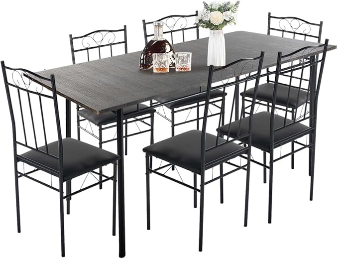 FurnitureR Dining Table Set for 6, Rectangular Dining Room Table Set with 6 PU Leather Chairs, Kitchen Table and Chairs for 4-6 People, 7 Piece Kitchen Table Sets, Vintage Black