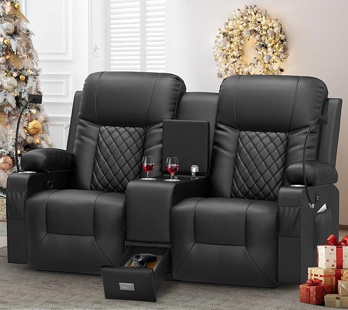 YONISEE Large Loveseat Recliner, Loveseat Recliner Sofa with Storage Console, Recliner Chair with USB Ports, 2 Cell Phone Holders, Cup Holder, Loveseat Couch for Living Room (item is cream colored, not black)