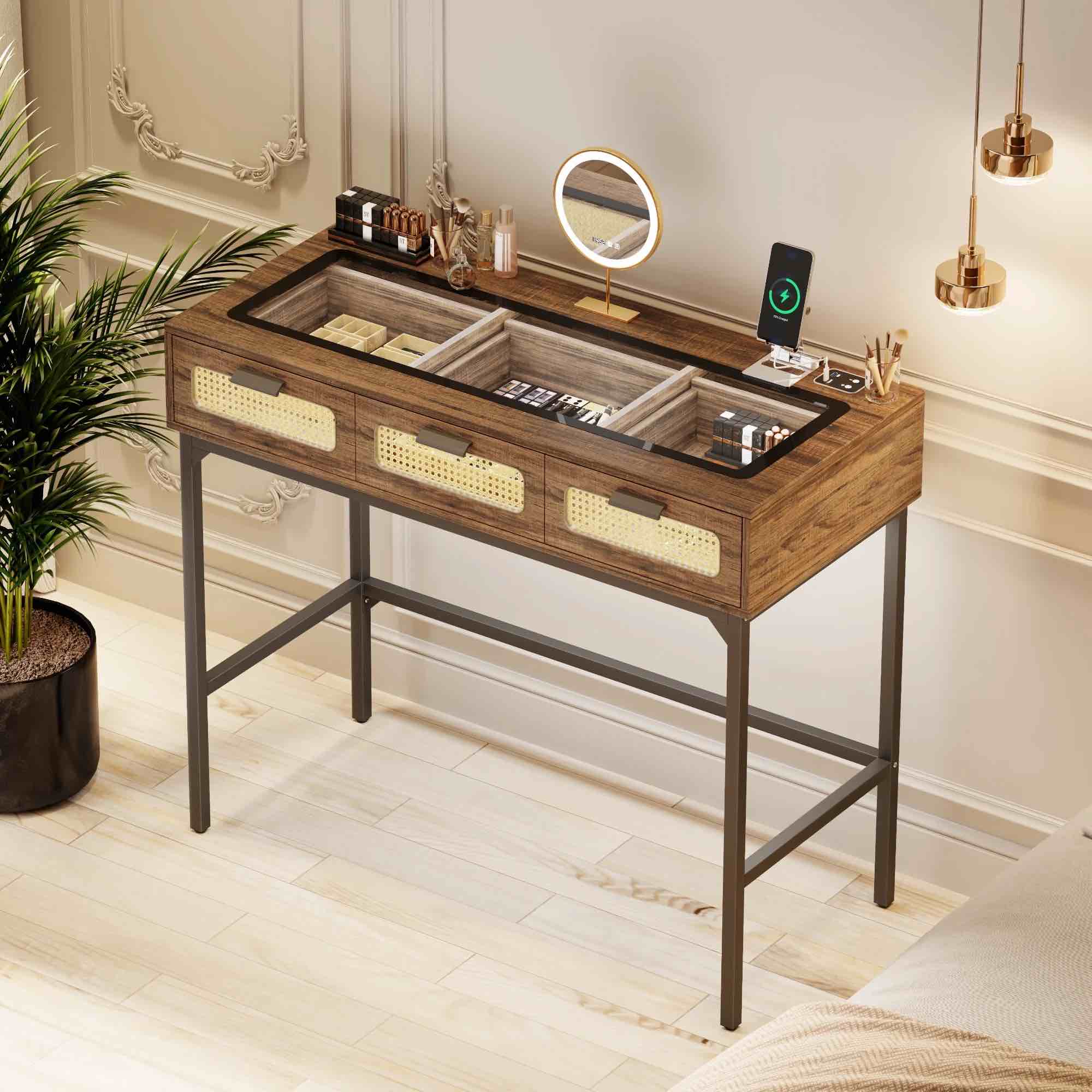 FREDEES Makeup Vanity Desk with 3 Color LED Lights & Glass Top Design & Charging Station, Rustic Brown