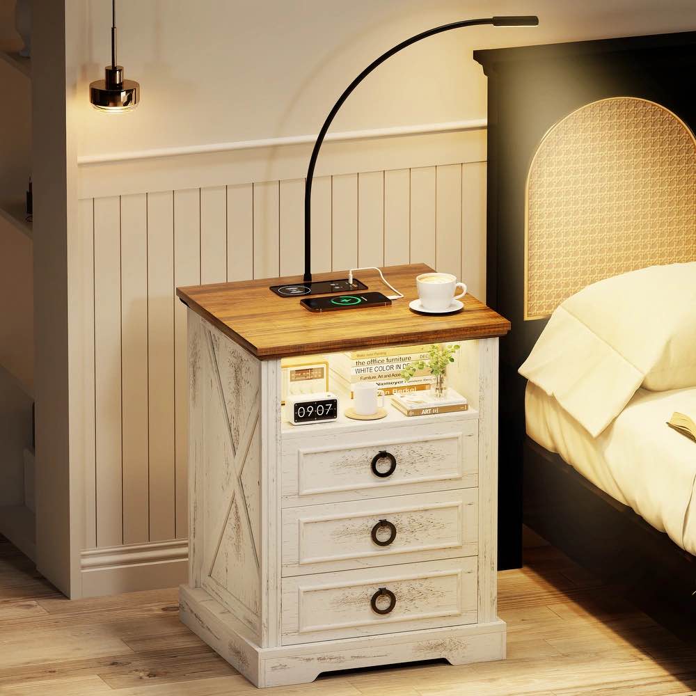 LED 3-Drawer Nightstand With and Reading Light - Antique White