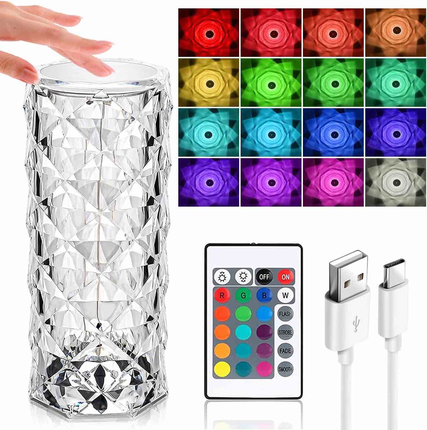 Auezona LED Crystal Lamp, 2500 mAh 16 Colours Touching Control Rose Crystal, 4 Modes USB Rose Shadow Table Lamp with Remote Control, Bedside Lamp, Colour Changing Night Light for Bedroom