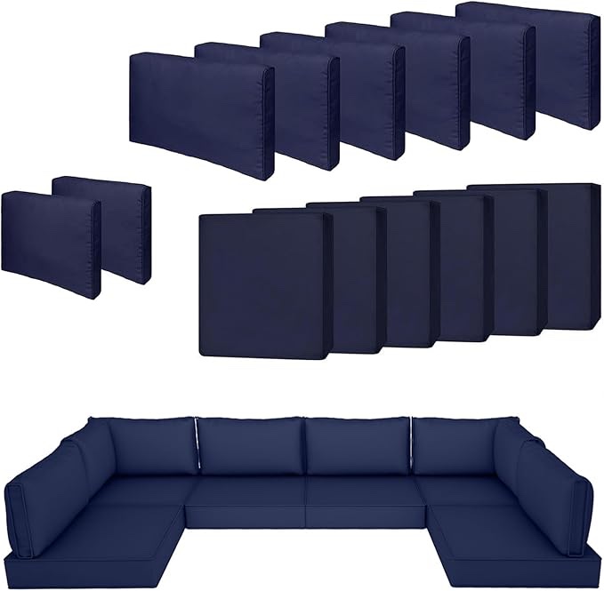 RA007-BLUS 14 Piece Outdoor Patio Cushion Cover Replacement, Waterproof Patio Cushion Covers, Outdoor Furniture Cushion Covers Set for 6 Seat Wicker Rattan Sofa (Navy Blue, 25.6 * 25.6 * 4 inch)