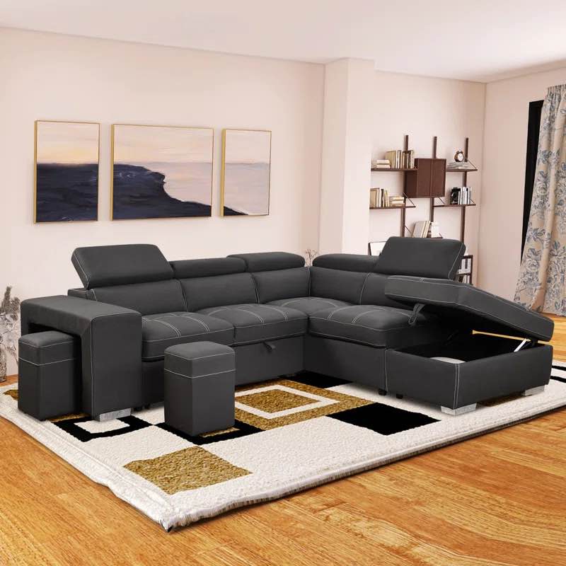 ( incomplete one box to pick up ) Is a Sleeper Sectional Pull Out Couch Bed with a storage ottoman and two stools. 