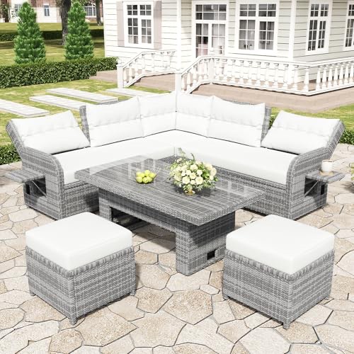 (Cushions different color, box 5 of 5 only one box to pick up )Outdoor Furniture Set, Modern Patio Rattan Furniture Set with Two Ottomans, Recliners with Extendable Side Tables, an Adjustable Table, Conversation Set for Patio, Lawn, Backyard