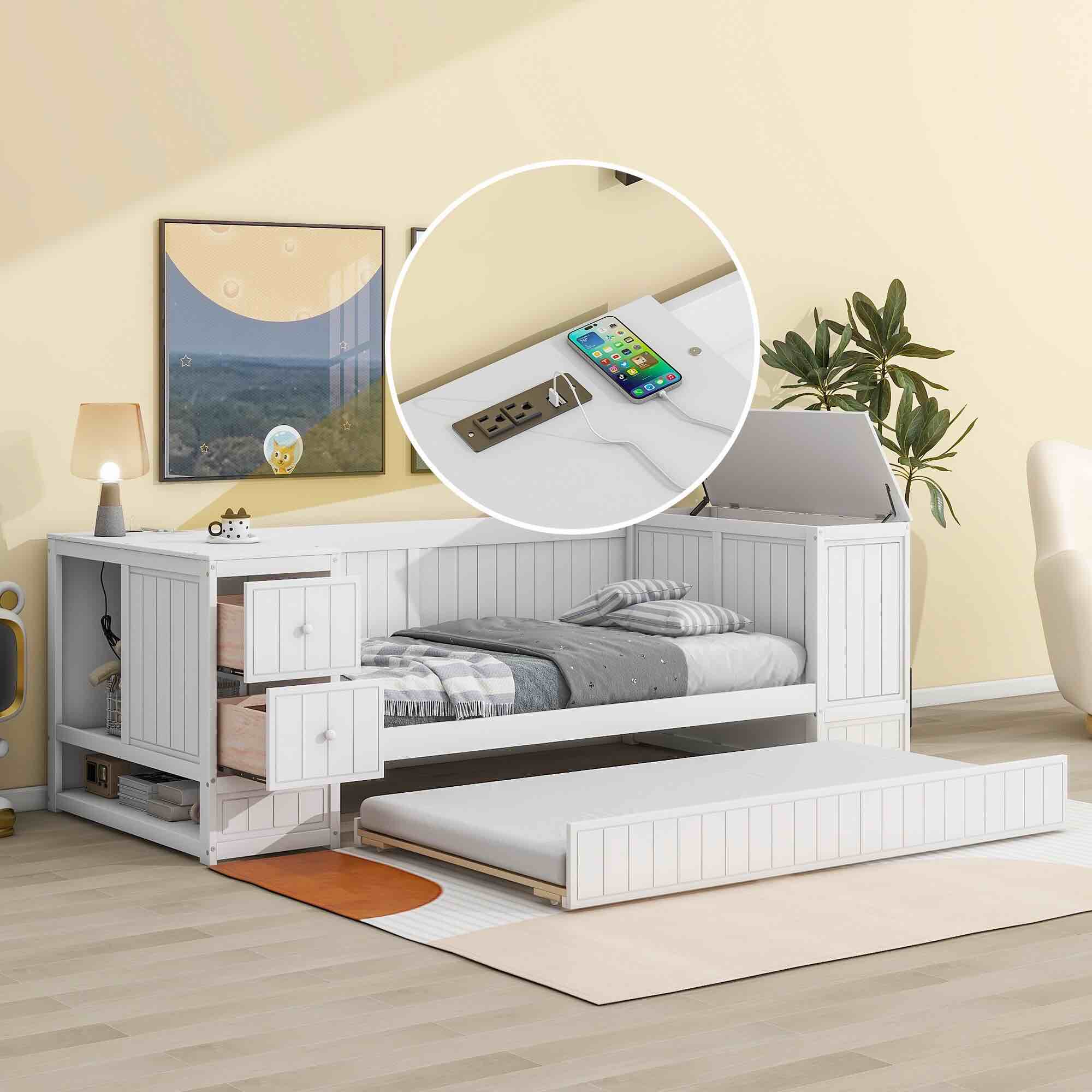 ( incomplete box 2 of 2 one box to pick up) LZ LEISURE ZONE Twin Size Daybed with Trundle, Wood Twin Daybed Frame with Drawers, Storage Arms and Charging Station, Sofa Bed for Bedroom/Living Room, White.