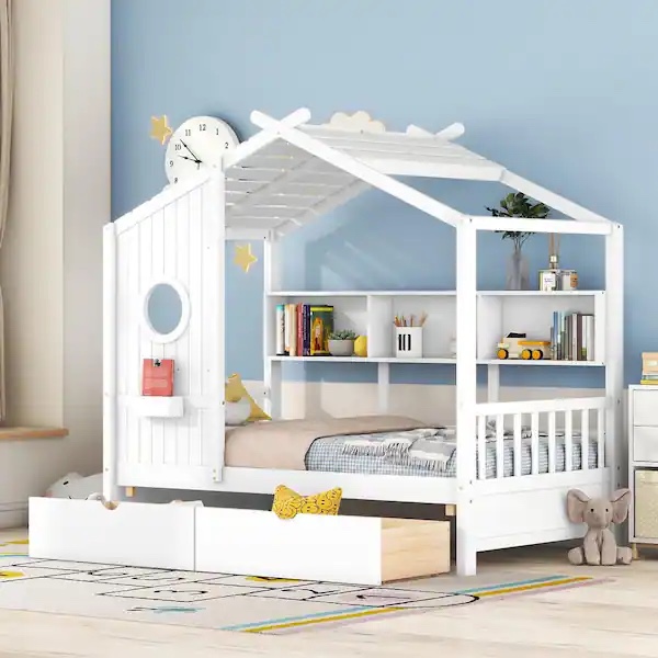 ( incomplete box 2 of 2 one box to pick up) iantex Twin House Bed with 2 Storage Drawers, Kids Bed Frame with Storage Cubes, Montessori Bed with Fence Guardrails & Roof, No Box Spring Needed, Wooden House Bed for Kids Girl boy white 