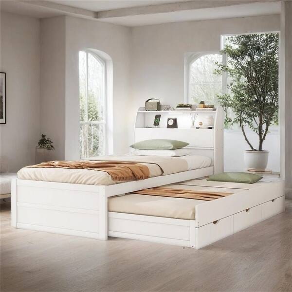 ( incomplete box  2 of 2 one box to pick up ) Twin Size Wooden LED Platform Bed with Trundle, Storage Headboard