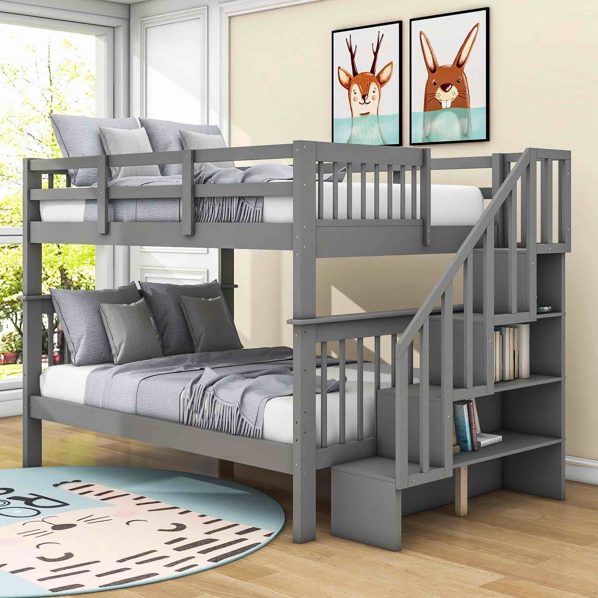 Full Over Full Wooden Bunk Bed With Storage Shelves.( incomplete 2 of 3 a box to pick up)