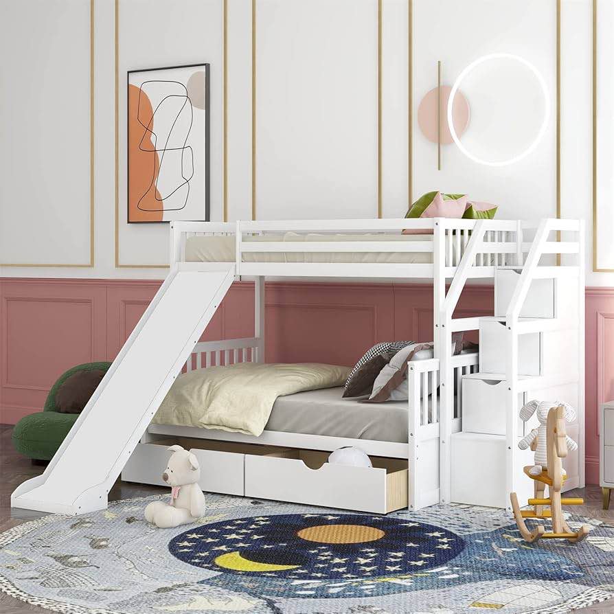Twin Over Full Bunk Bed with Slides for Kids and Teenagers, Solid Wood Bunk Bed Frame with Drawers and Storage, No Spring Box Needed, White( incomplete 3 of 3 a box to pick up) 