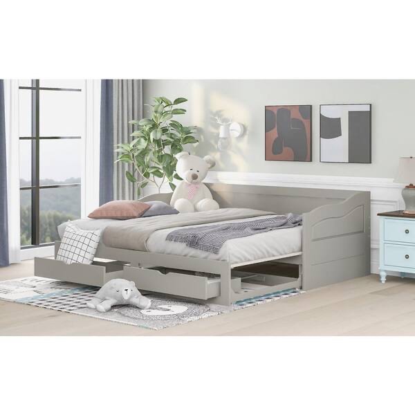( incomplete 2 of 2 a box to pick up ) Gray Twin to King Daybed with Storage Drawers, Wood Extendable Daybed with Trundle, Kids Sofa Bed Frame