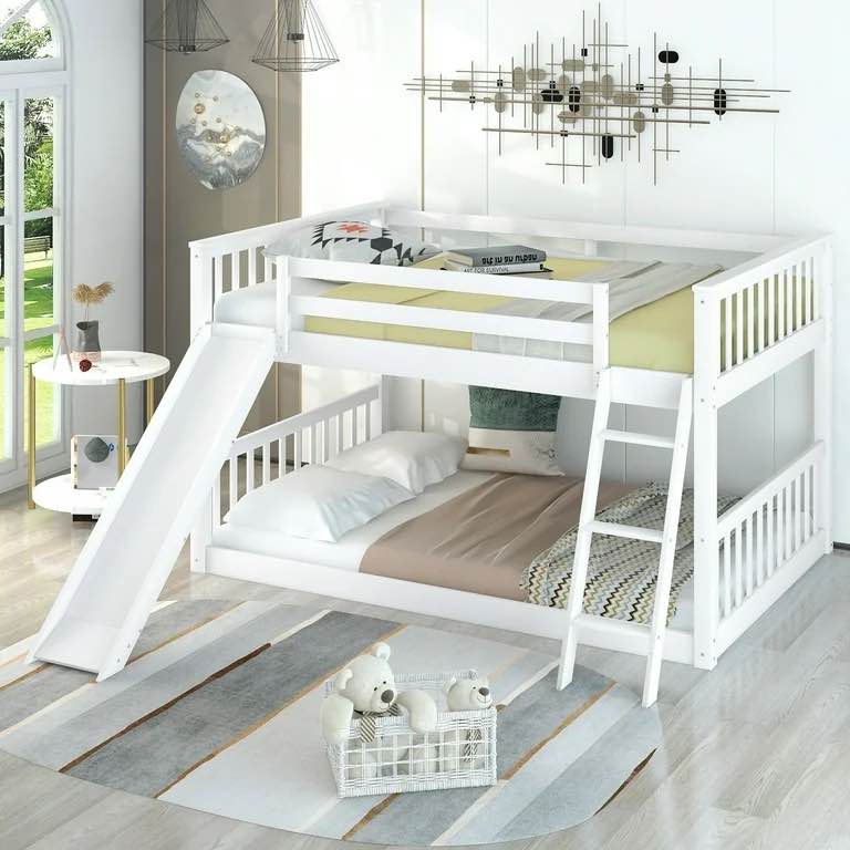 ( incomplete 1 of 2 a box to pick up) SOFTSE Low Bunk Bed Full Over Full with Slide, Floor Bunk Bed Frame for Kids Teens with Full-Length Guardrail, Wood Slats and No Box Spring Needed(White)
