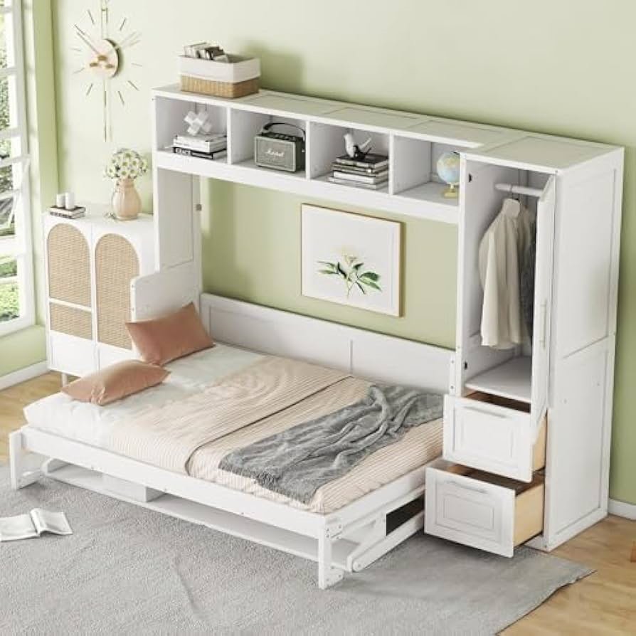 (incomplete only 2 box for pickup)(box 2 of 4 , box 4 of 4) MERITLINE Full Murphy Bed with Wardrobe Closet,2 Drawer,4 Storage Open Shelves,Wood Folding Murphy Wall Bed Cabinet (White,Full)