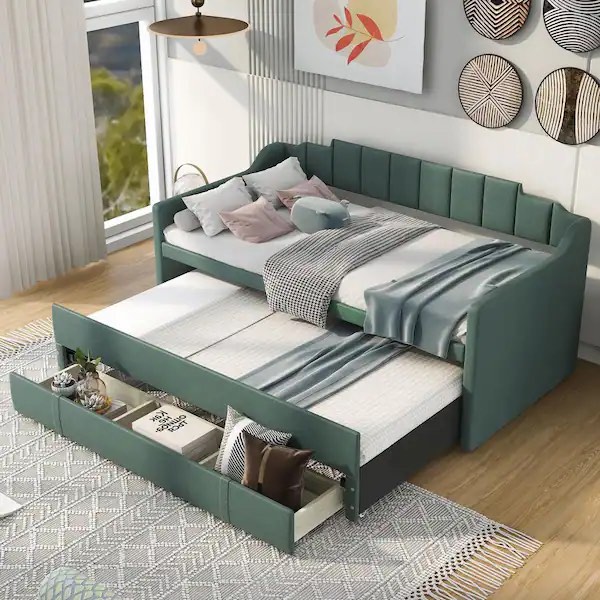 Angel Upholstered Daybed with Trundle and Three Drawers green .( incomplete 1 of 2 a box to pick up.