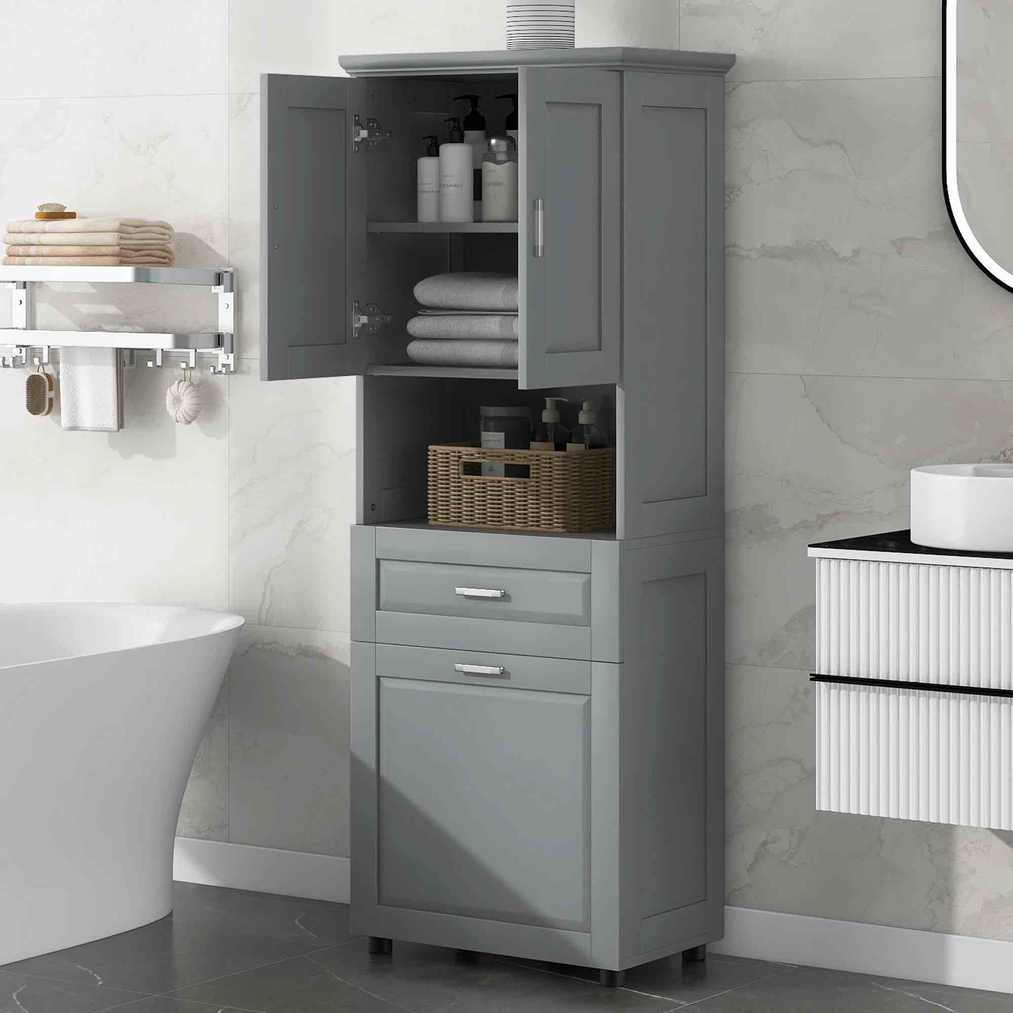 Storage Cabinet with Doors and Drawer, Multi-Functional Bathroom Storage Organizer with Laundry Hamper Basket and Open Shelf, Soft-Closing Door, Gray. a box to pick up.