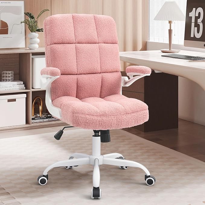 SEATZONE Pink Office Chair Ergonomic Pink Desk Chair with Flip-up Arms, Height Adjustable Rolling Desk Chairs with Wheels, Faux Fur Comfy Office Chairs for Women and Girls, Teddy Fleece