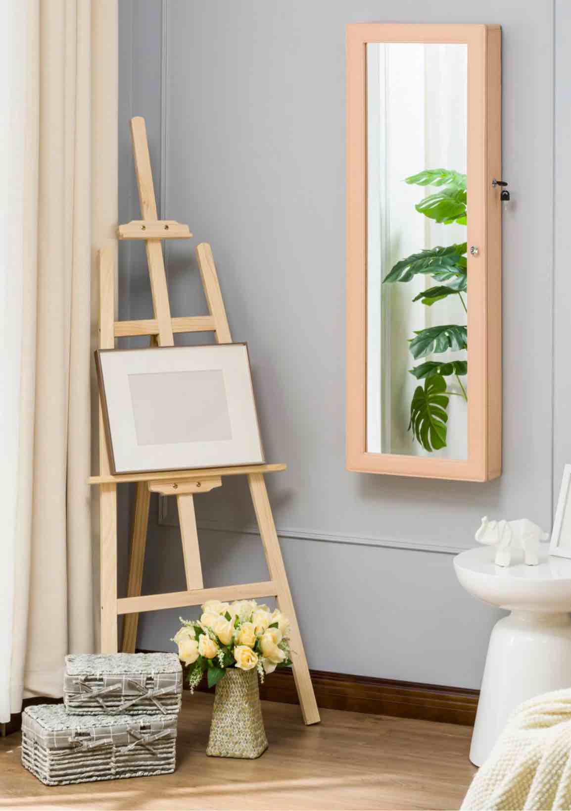 Victoria Wall Mount Jewelry Armoire with Leather Finish - Pink